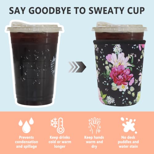 Image of 3 Pack Reusable Iced Coffee Sleeves - Xumbtvs Insulator Sleeve for Cold Beverages, Neoprene Coffee Cup Holder (Black Floral)