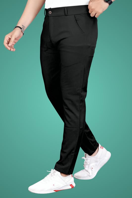 Image of Slim Fit Lycra Blend Pants for Men | Stretchable, Breathable Formal Trousers with Dual Side Pockets & Button Closure | Comfortable for Office, Travel & Casual Wear