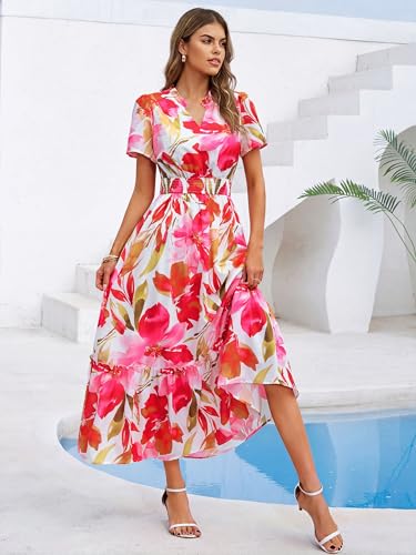 Simplee Womens Summer Floral Maxi Dress Wedding Guest Boho V Neck Short Sleeve Tiered Ruffle Beach Vacation Casual Dresses Pink — view 3