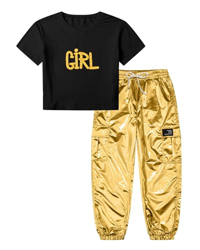 Image of Betusline Girls 2 Piece Summer Outfits,Black Print Cute Short Sleeve Crop Tops + Gold Cargo Jogger Pants Clothes,4-5T = Tag 120
