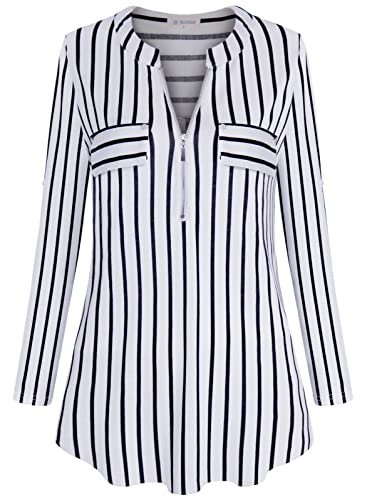 Bulotus Plus Size Tunic Tops To Wear With Leggings, Blouses For Women Fashion 2022 Womens 3/4 Sleeve Tops And Blouses Business Casual Tops V Neck Zipper Summer Fall Shirts, Stripe, Xxx-Large #TOP1