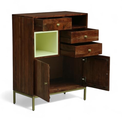 Image of Kalki Solid Wood Chest of Drawers | Solid Wood 3-Drawer Chest | Storage Cabinet | Elegant Storage Drawer Unit - 3-Drawer | Finish - Tubaq & Off White