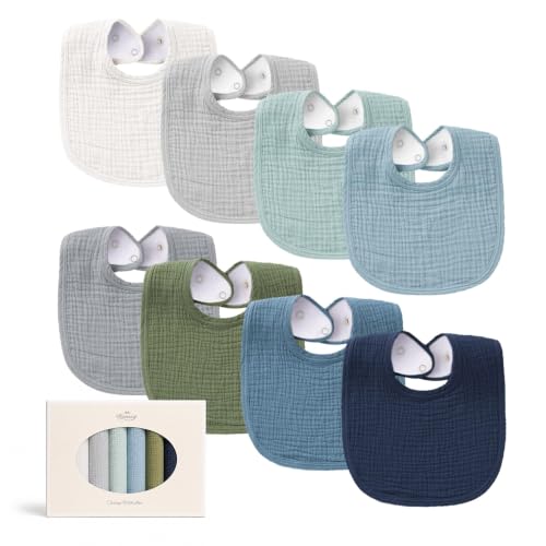 Image of Konssy 8-Pack Muslin Baby Bibs, Adjustable Fit for Drooling and Teething | Soft Absorbent, Drool Bibs for Baby Boys Girls, Cotton Front with Fleece Backing, Newborn to Toddler 0-36M (Blue)
