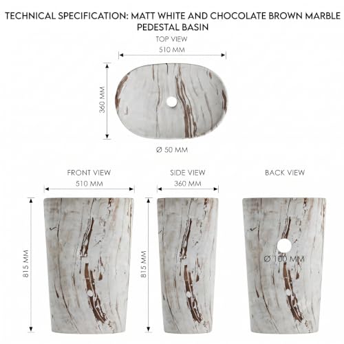 Image of BASSINO 20x14x33 Inch Pedestal Wash Basin /Free Standing Wash Basin /7 Years Warranty /Oval Ceramic One Piece Pedestal Sink for Bathroom /Living Room /Floor Mounted Washbasin(Matt White-Brown Mix Marble)