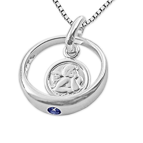Bijoux CLEVER de baptême d'enfant - Composée d'une bague, d'une médaille ronde de 12 mm en argent 925 avec saphir et d'une chaîne Venezia de 36 cm - Avec motif ange - Dans un étui
