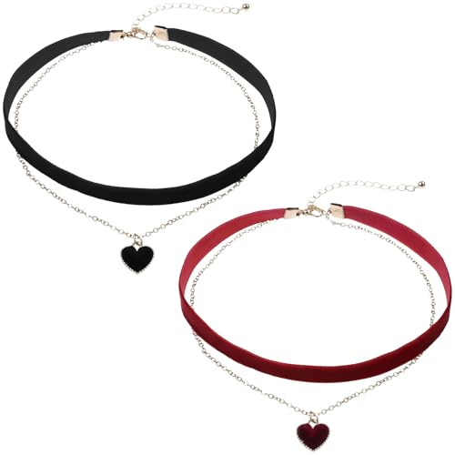 MUNSKT 2 Pièces Y2K Ras De Cou Femme, Collier Ras Du Cou Fille En Velours Noir Gothique, Classique En Velours Coeur Collier Réglable En Couches Choker Bijoux...