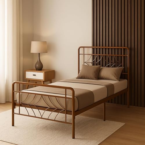 Image of Vara Metal Extra Single Size Bed Without Storage | Wrought Iron Single Bed with Headboard & Footboard| Sturdy Powder Coated Platform Cot for Bedroom (Vara Brown)