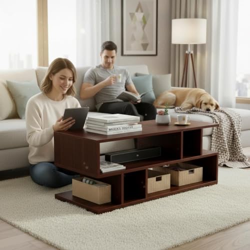 Image of RIZIK STORE Engineered Wood Coffee Table in Walnut Finish | Modern Living Room Center Table Suede Texture | Sofa & Tea Table | DIY Installation | Warranty Protected (Wallnut Brown) (90x40x38.8cm)