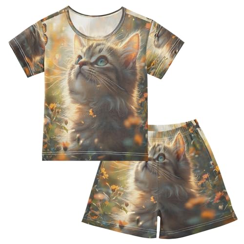 ALAZA Beautiful Butterfly Cat Kitten Flower Pajamas Set Short Sleeve Cotton Sleepwear Summer Pjs 2 Piece 5-14Y