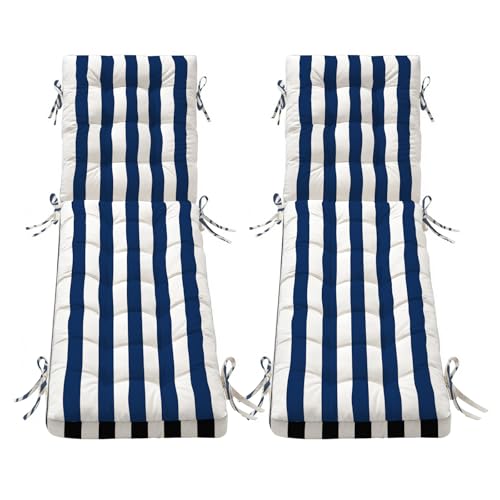 Folding Chaise Lounge Cushion Quick Dry(Navy-White Stripe,80 IN×26IN-2PACK)