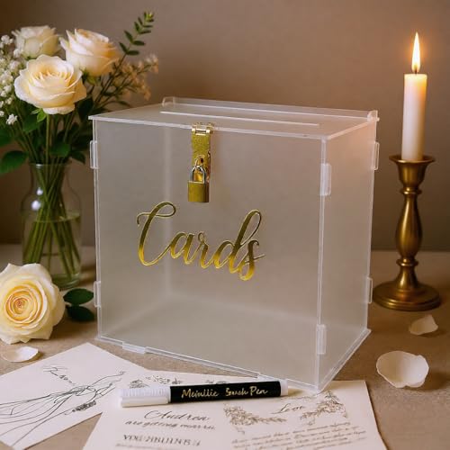 FCDECOR 10" Acrylic Wedding Card Box with Lock, Frosted Card Box for Wedding Reception, HoneyMoon Fund Box Money Box for Bridal Shower Decorations Party Reception Anniversary by FCDECOR - Used condition - Image 7