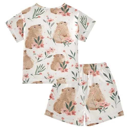 ALAZA Capybara Flower Leaves Pajamas Short Sleeve 2 Piece Sleepwear Top and Bottom Pajama Set Unisex2