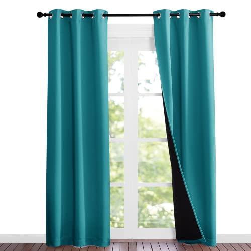 Image of NICETOWN Peacock Teal Blackout Curtains 84 inches Long, Full Light Blocking Drapes with Black Liner for Nursery, Noise Reducing Thermal Insulated Draperies for Doorway (2 Pieces, 37 inch Wide Each Panel)