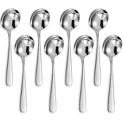 KEAWELL Premium 8-Piece 7" Louise Soup Spoons, 18/10 Stainless Steel, Dishwasher Safe Cover