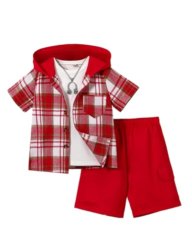 Image of Boys Clothes Shorts Sets Plaid Short Sleeve Hooded Button Shirt and Jogger Shorts for Kids Summer Outfits