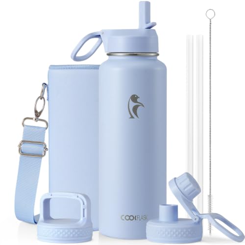 Coolflask 40 oz Water Bottle Insulated with Straw & 3 Leakproof Lids