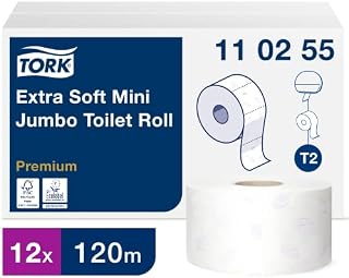 Tork Extra Soft Mini Jumbo Toilet Paper Roll White T2, Premium, 3-ply, 12 x 120 metres, 110255