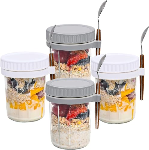 Mason Jars for Overnight Oats: 4 Pack Overnight Oats Containers with Lids and Spoons - 400ml Glass Food Storage Containers for Milk Cereal Fruit - Oatmeal/Canning/Food Jars & Canisters