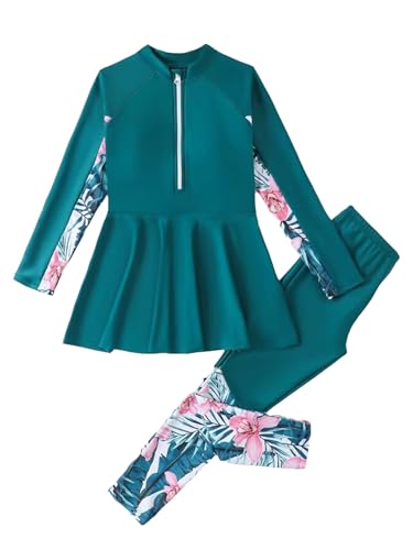 Choomomo Kids Girls Two Pieces Rash Guard Set Long Sleeve Swim Dress with Pant Flower Print Swimsuits Green 11-12 Years