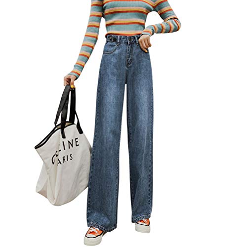 KAIDILA High Waist Wide Leg Pants Denim Trousers Women Loose Straight Old Pants,S