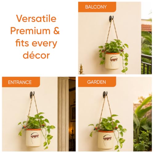 Image of AAKRITI ART CREATIONS Terracotta Hanging Planter | Handmade Boho Wall Basket Design with Rope, Modern Art, White Matte Finish | Decorative Hanging Pot for Indoor & Outdoor Home Decor