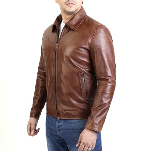 Image of Jild Polo Collar Premium Leather Jacket Men - Old School Classic Style Everyday Wear Real Lambskin Mens Leather Jacket