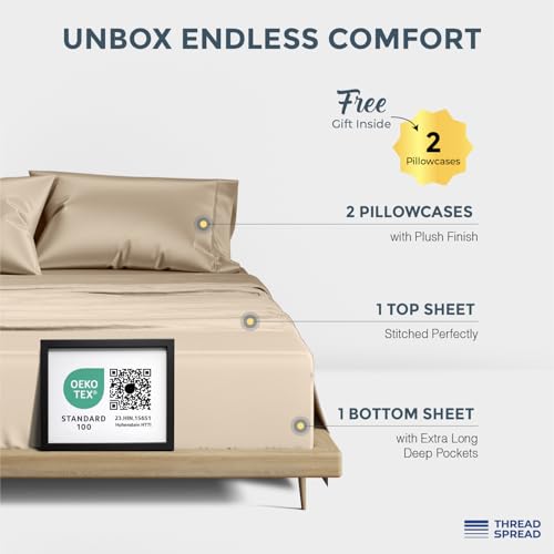 Image of THREAD SPREAD 100% Egyptian Cotton Sheets California King Size - 1500 Series Cal King Sheets Egyptian Cotton (4 PC, Taupe), Silky Soft, Sateen Weave, Cooling & Breathable, 17 inch Deep Pocket Bed Set