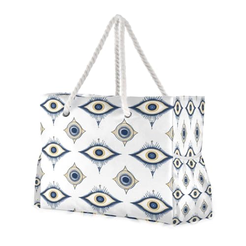 Blue and Back Evil Eye Beach Bag & Travel Tote Bag Large Sandproof with Zipper Closure, Wet Pouch for Swim Gym Travel