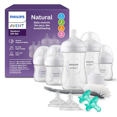 Image of Philips Avent Natural Response Baby Gift Set - 3X 4oz Bottles with Slow Flow Nipple (Level 2), 2X 9oz Bottles with Medium Flow Nipple (Level 3), 2 Extra Nipples, 2X Soothie Pacifiers 0-3m, SCD838/02