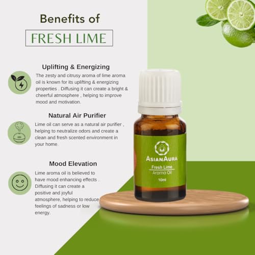 Image of ASIAN AURA Ceramic Aroma Diffuser Oil Set (10ml Each) Pack of 6| Home Fragrance & Aromatherapy | Meditation /Yoga (60 Ml, Fresh Lime)