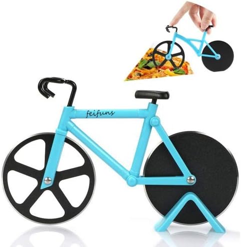Pizza Cutter Bicycle Pizza Slicer Dual Stainless Steel Cutting Wheels with a Stand (Blue)