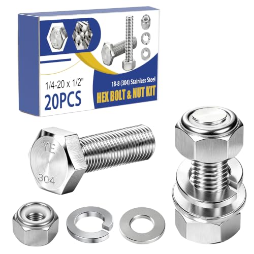 Image of mankk 20PCS 1 /4-20 x 1 /2 inch Hex Bolt & Nut Kit,18-8 (304) Stainless Steel