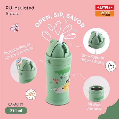 Image of JAYPEE First Step Inner Stainless Steel Insulated Lunch Box Meal and Sip Combo for School Kids Water Bottle Sipper & Disney Princess School Kids Tiffin Box 375 & 270 ml Water Bottle, Green