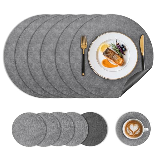 Nymblis Leather Round Placemats Set of 6, Washable & Non-Slip Table Mats and Coasters, Dual-Sided PU Place Mats for Table, Wipeable and Waterproof(Grey)