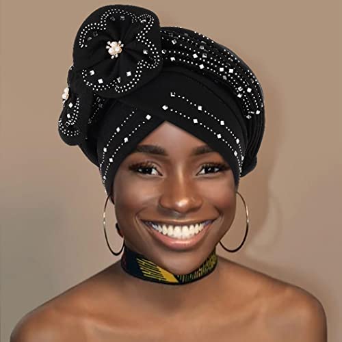 Woeoe Beanie Cap Head Wrap Black Rhinestones Head Scarf Flower Pearls Twisted Head Turban For Women Girls #TOP2