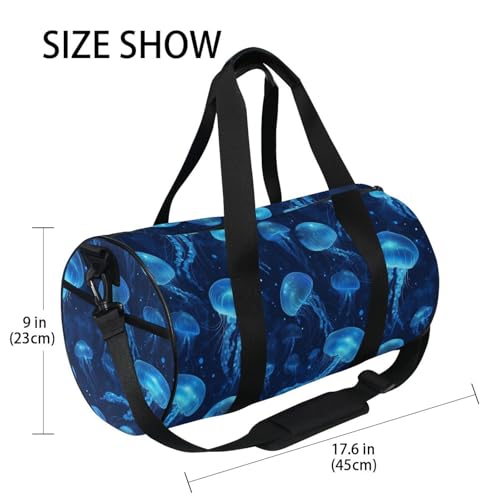 Blue Jellyfish Sports Duffel Bag Full Print Barrel Gym Bag with Side Zipper Pocket and Inner Compartment, Durable Lightweight Fabric for Sports, Training, Travel and Outdoor Use4