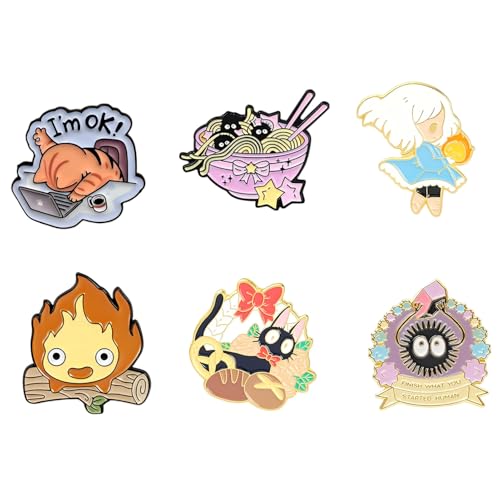 MemeChic 6Pcs Kawaii Enamel Pin Set Cute Soot Sprite Calcifer Cat Anime Lapel Pins Cartoon Funny Pin Bulk Set Brooch Button Aesthetic Badges for Backpacks Jackets Gifts for Kids Girls Boys Festival Present (6pcs)