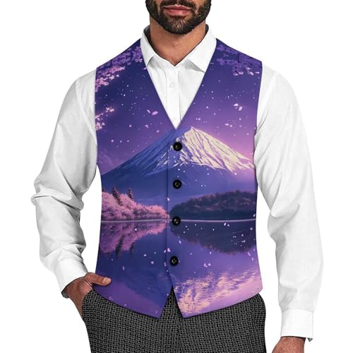 Japan Mount Fuji Cherry Men's Suit Vests Dress Vest V-Neck Waistcoat Slim Business Formal with Pocket