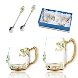 DUMVOIN Tea Cup Glass Coffee Mugs,Fancy Tea Cup Set Birthday Gift Idea for Tea Lover and Man & Women Novelty Coffee Mugs Rose Flower Enamel Cup with Spoon