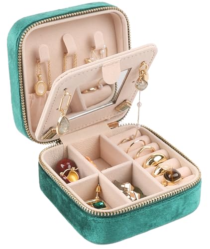 Image of Plush Velvet Travel Jewelry Box,Case,Organizer with Mirror,Green,1 Pcs