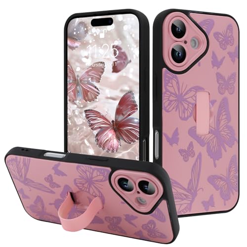 Image of for iPhone 16 Case with Finger Strap Holder, Cute Cool Butterfly Print Pattern Design for Women Girls, Shockproof Anti Scratch Hand Kickstand Protective Cover, Pink