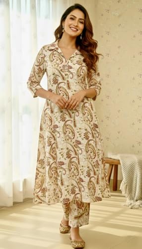 Image of Women's Cotton Blend A-line Printed Kurta with Palazzo Set | Officewear Kurta Set for Women