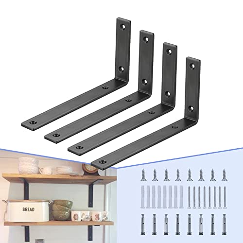 CLT Black Shelf Bracket, 8” X 4.3” Quarter Inch (1/4") Thick- Max Load: 440 lb Rustic Industrial Modern Farmhouse Heavy Duty Cold Rolled Steel Bracket for Table Bench, Space Saving DIY, Pack of 4