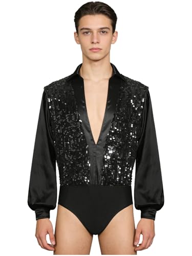 Camisa de satén con lentejuelas y cuello en V para danza latina de caballero