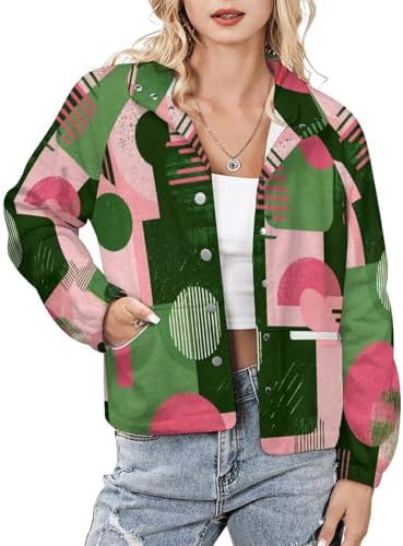 Zhyaj Women's Casual Stand Collar Button Down Coats Ladies Baggy Long Sleeve Trendy Zipper Pockets Floral Print Fleece Jacket Spring Fall Oversized Lightweight Sweatshirt,Geometric Print M