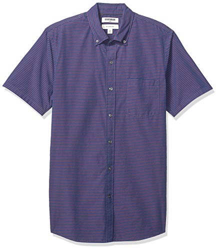Amazon Brand - Goodthreads Men's Slim-Fit Short-Sleeve Horizontal Stripe Shirt, Navy Red Horizontal Stripe, Medium Tall