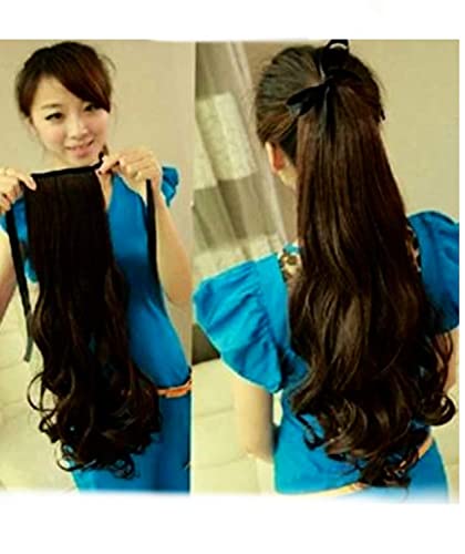 Pema Hair Extensions And Wigs Hair Extensions And Wigs Brown Ribbon Ponytail Tie Up Curly Hair Extension, Synthetic Hairs
