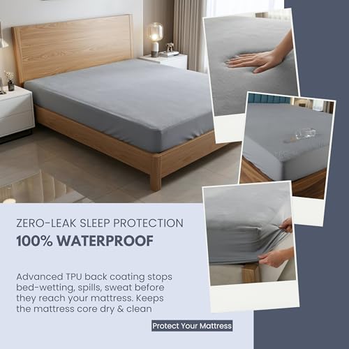 Image of 100% Waterproof Mattress Protector King Size 78x72 Inch | Terry Cotton Feel | Ultra Soft, Breathable, Noiseless & Hypoallergenic | Elastic Fitted | Fits Upto 10 Inch Mattress | 6.5x6Ft |Gray