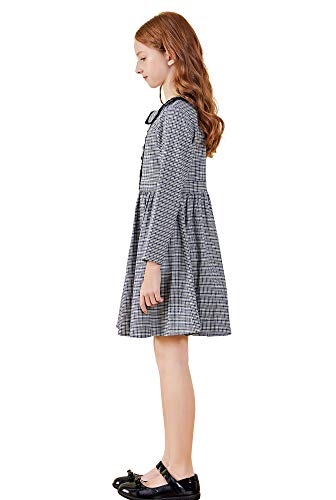 Image of SOLOCOTE Girls Plaid Dress Cotton Casual Spring Long Sleeve Dresses Peter Pan Collar 3-14Y