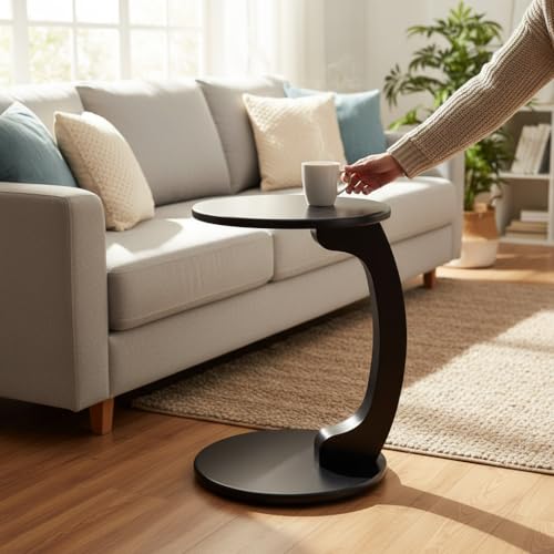 Image of Modern C-Shaped Side Table for Sofa & Bed | Black Laptop Snack Table | Space-Saving Couch Side End Table for Living Room Bedroom | Portable Coffee Table for Home Office (C Black)